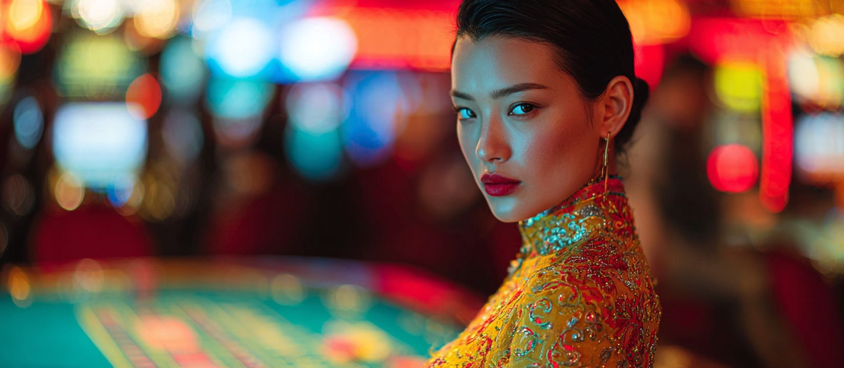 Join PESO789 Casino and enjoy real live dealer games now! Elegant woman in golden embroidered dress at casino table with glowing lights, representing live casino excitement at PESO789