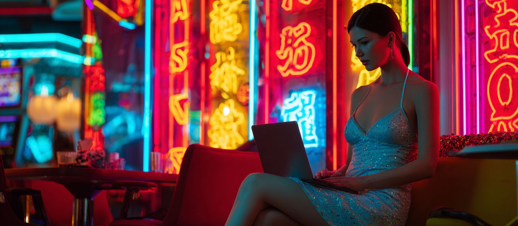 Explore thrilling online games at PESO789 Casino today! Beautiful woman in sparkling dress using a laptop surrounded by neon signs, highlighting online casino games at PESO789