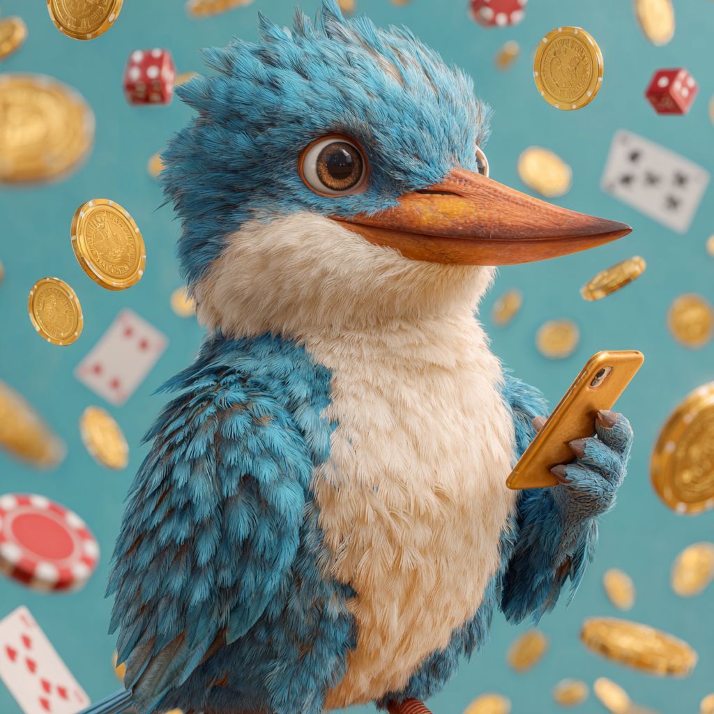 Download the PESO789 Casino App and start winning today! Blue kingfisher mascot holding a golden smartphone with casino coins and poker chips floating around at PESO789 online casino