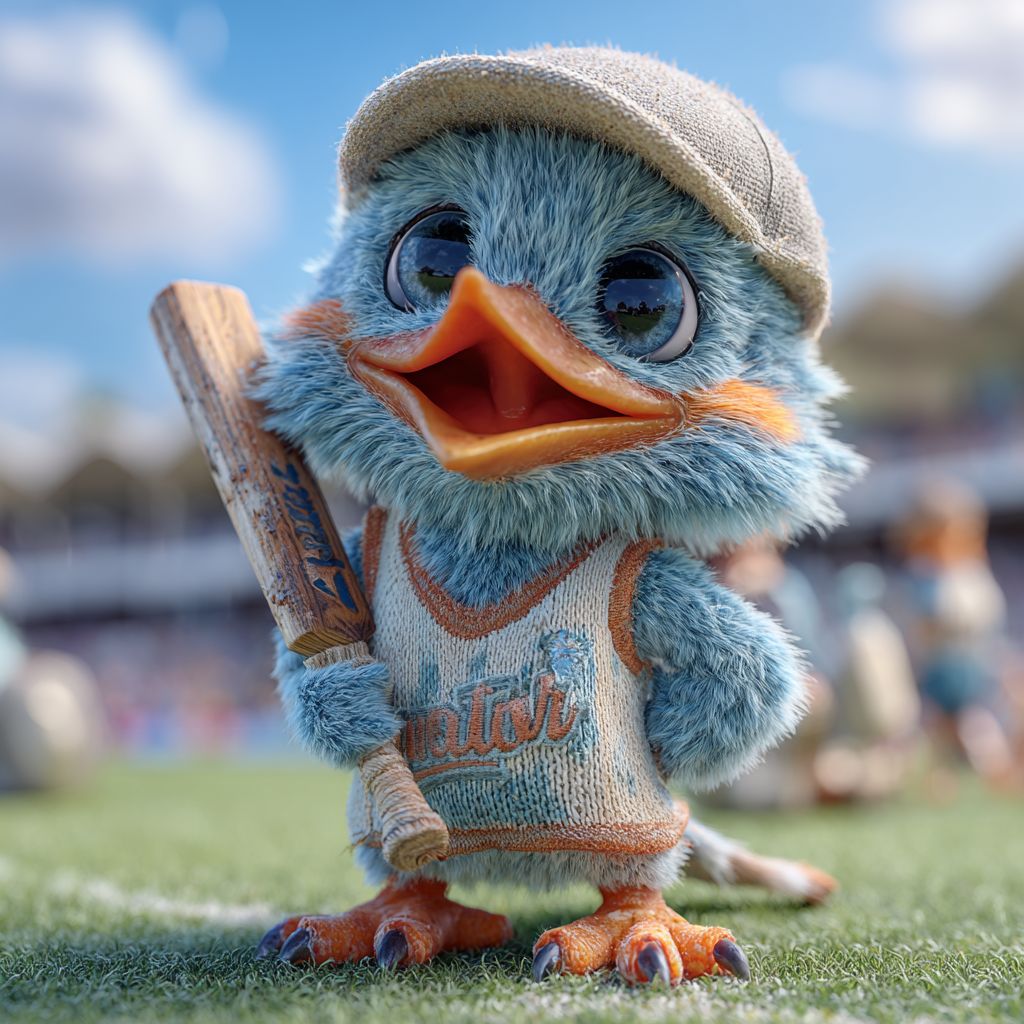 Place your sports bets now with PESO789 Casino and win big! Adorable blue bird mascot in a cricket outfit holding a bat, symbolizing sports betting excitement at PESO789