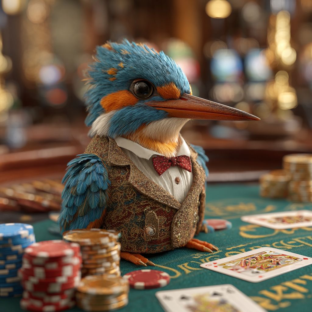 Join live casino games at PESO789 and play like a pro! Elegant kingfisher mascot in a tuxedo sitting at a poker table surrounded by chips and cards at PESO789 Casino
