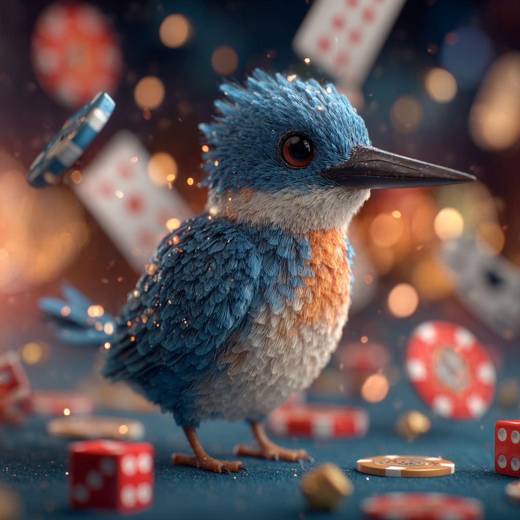 Explore exciting casino games at PESO789 and win real rewards! Blue bird mascot surrounded by glowing casino chips, dice and cards representing thrilling PESO789 games