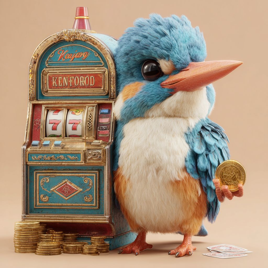 Spin the reels at PESO789 Slots and hit the jackpot now! Charming kingfisher mascot standing next to a vintage slot machine with jackpot 777 and stacks of golden coins at PESO789