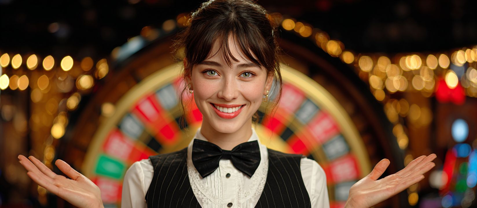 Login to PESO789 Casino and unlock your exclusive rewards! Charming casino hostess smiling in front of a roulette wheel, symbolizing PESO789 login and warm welcome
