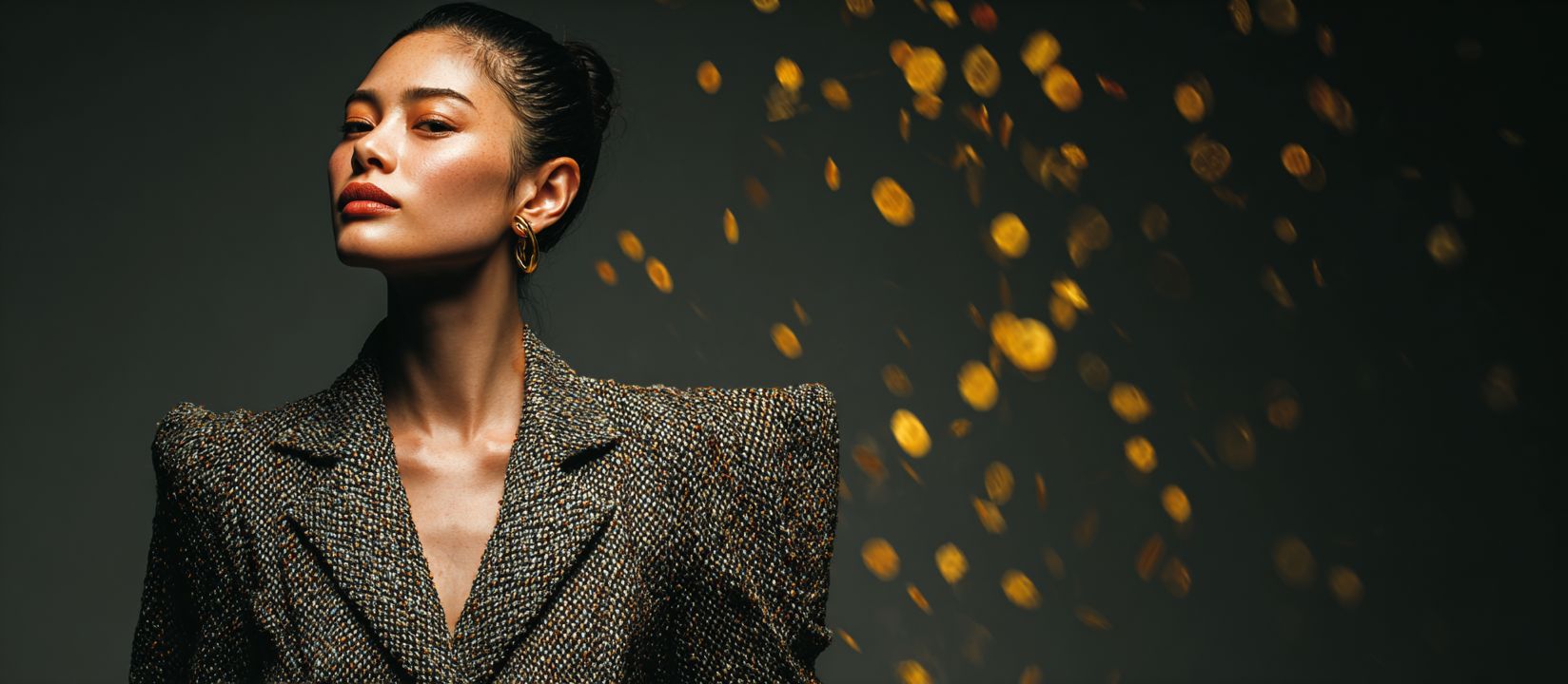 Elegant confident woman in a luxury suit with golden casino coins falling, symbolizing prestige and big wins at PESO789