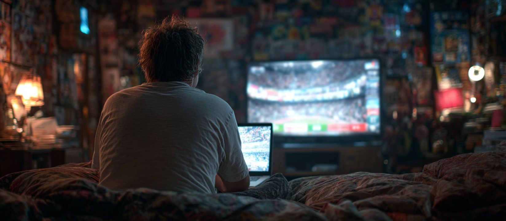 Bet on live sports with PESO789 and enjoy every match! Man watching sports on TV with laptop in a cozy room, symbolizing PESO789 online sports betting